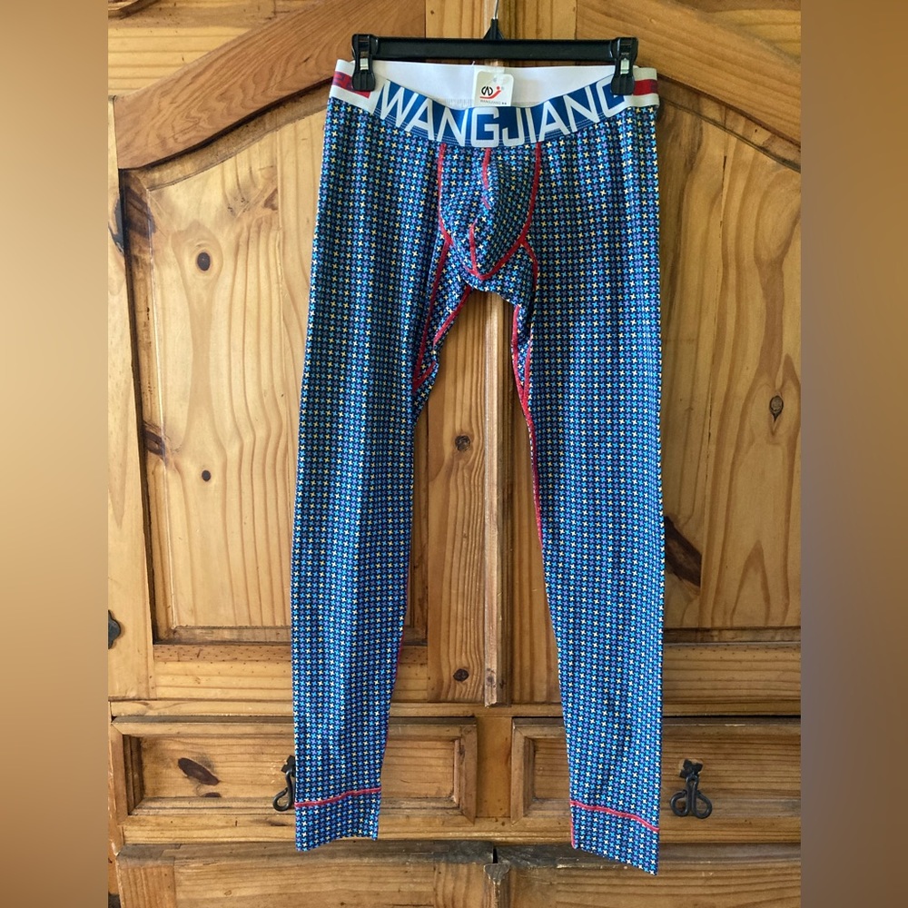 Men Wangjiang blue yellow houndstooth print compression pants size L - NWT